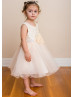 Beaded Tulle Knee Length Flower Girl Dress With Bow